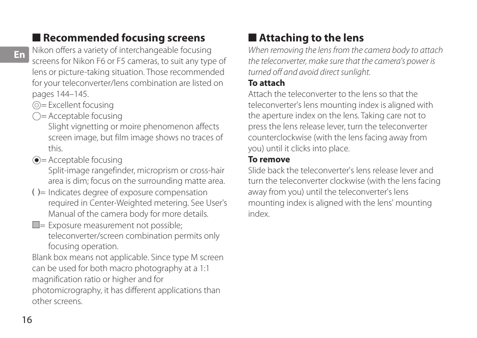 Recommended focusing screens, Attaching to the lens, To attach | To remove | Nikon TC-20E III User Manual | Page 16 / 148