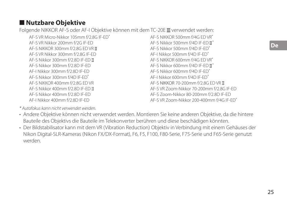 Nutzbare objektive, De 25 | Nikon TC-20E III User Manual | Page 25 / 148
