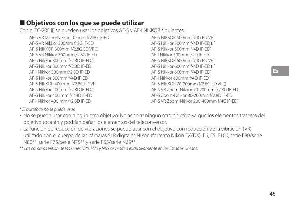 Objetivos con los que se puede utilizar, Es 45 | Nikon TC-20E III User Manual | Page 45 / 148