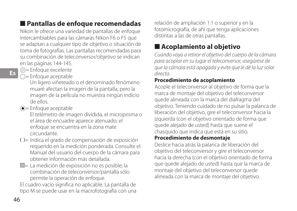 Pantallas de enfoque recomendadas, Acoplamiento al objetivo, Procedimiento de acoplamiento | Procedimiento de desmontaje | Nikon TC-20E III User Manual | Page 46 / 148