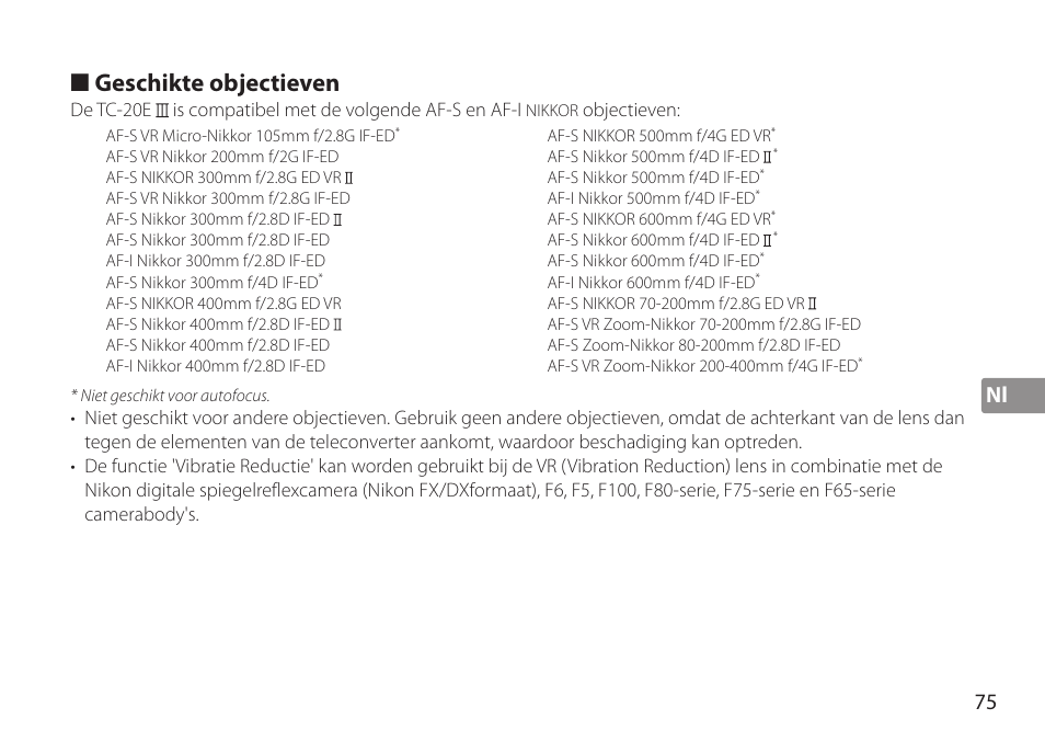 Geschikte objectieven, Nl 75 | Nikon TC-20E III User Manual | Page 75 / 148