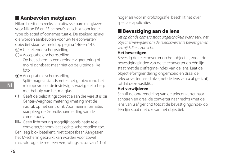 Aanbevolen matglazen, Bevestiging aan de lens, Het bevestigen | Het verwijderen | Nikon TC-20E III User Manual | Page 76 / 148