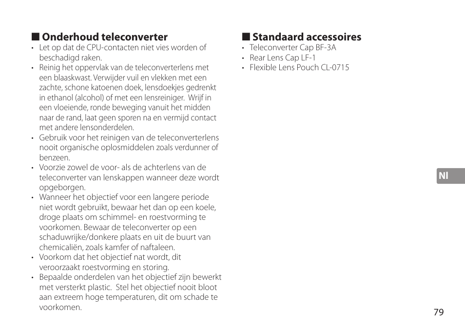 Onderhoud teleconverter, Standaard accessoires | Nikon TC-20E III User Manual | Page 79 / 148