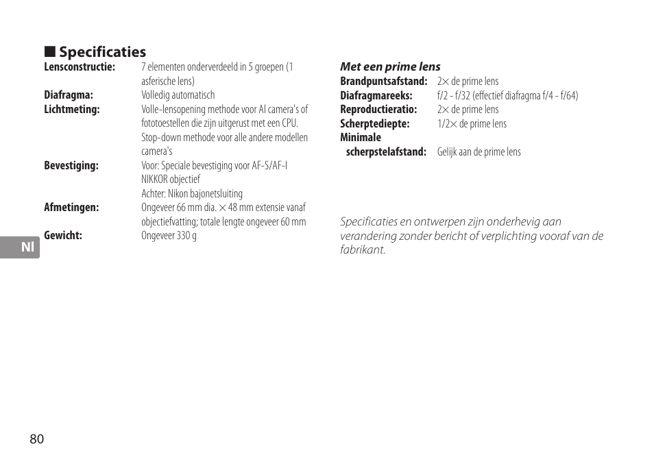 Specificaties | Nikon TC-20E III User Manual | Page 80 / 148