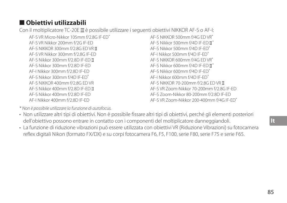 Obiettivi utilizzabili, It 85 | Nikon TC-20E III User Manual | Page 85 / 148
