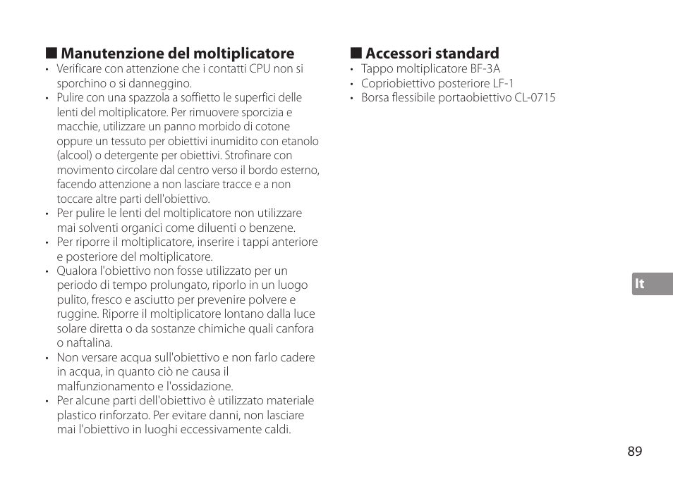 Manutenzione del moltiplicatore, Accessori standard | Nikon TC-20E III User Manual | Page 89 / 148