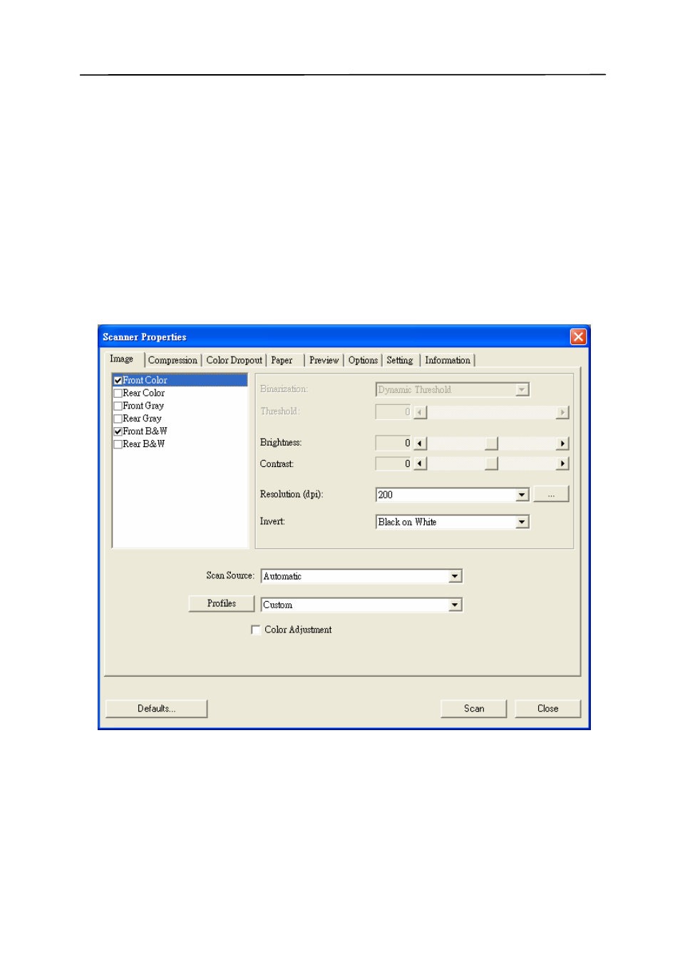 Using the scanner properties dialog box | Avision AVA5 (BS-0801S) User Manual | Page 22 / 75