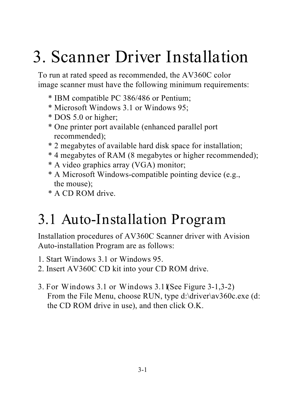 Scanner driver installation, 1 auto-installation program | Avision AV360C User Manual | Page 12 / 31