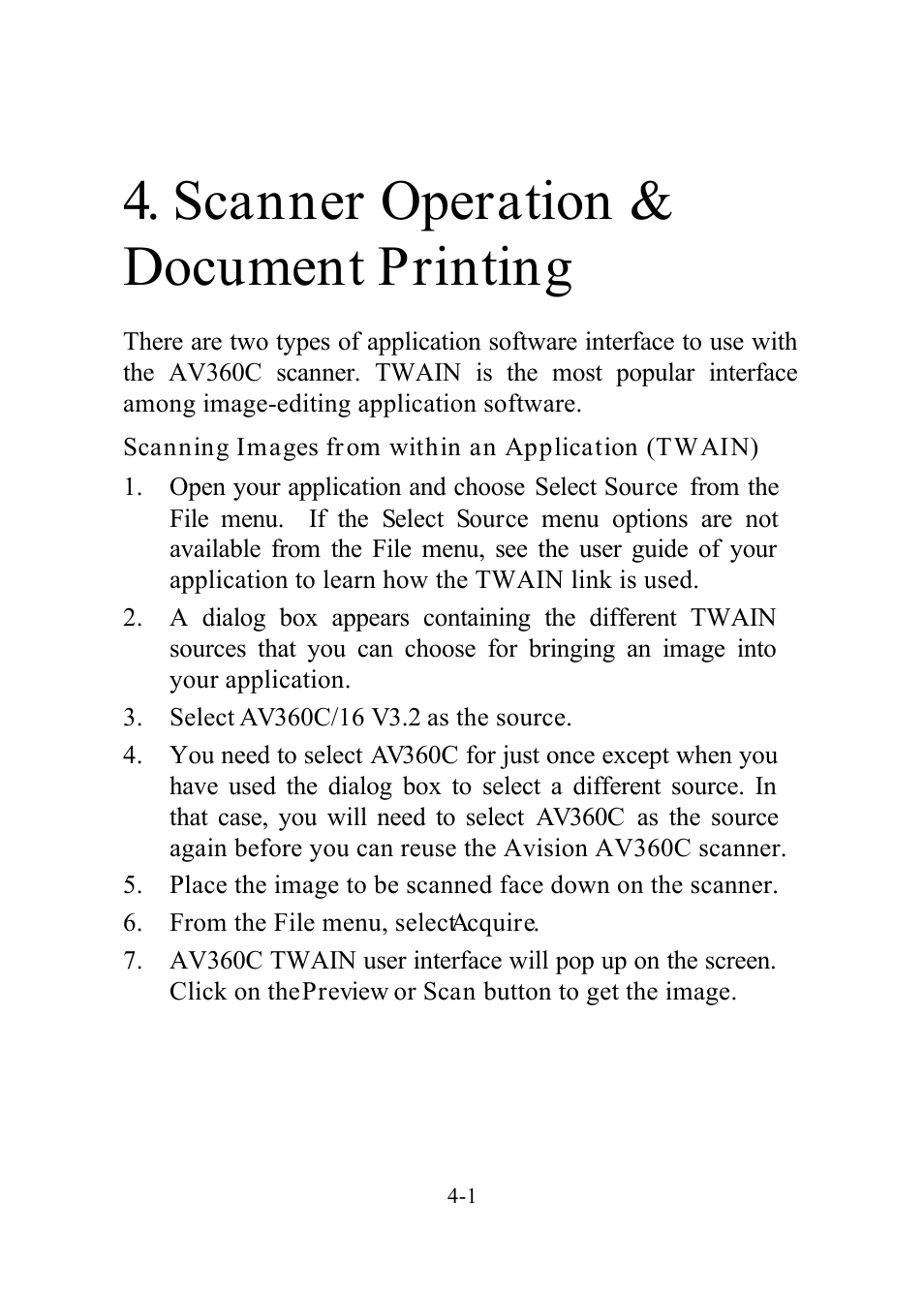 Scanner operation & document printing | Avision AV360C User Manual | Page 15 / 31