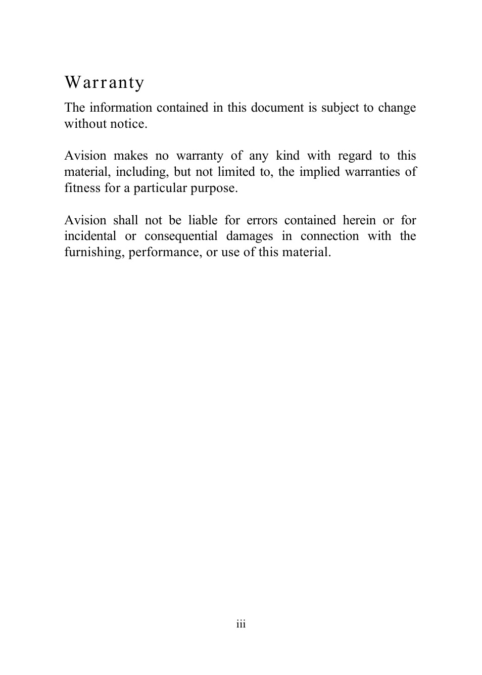 Warranty | Avision AV360C User Manual | Page 3 / 31