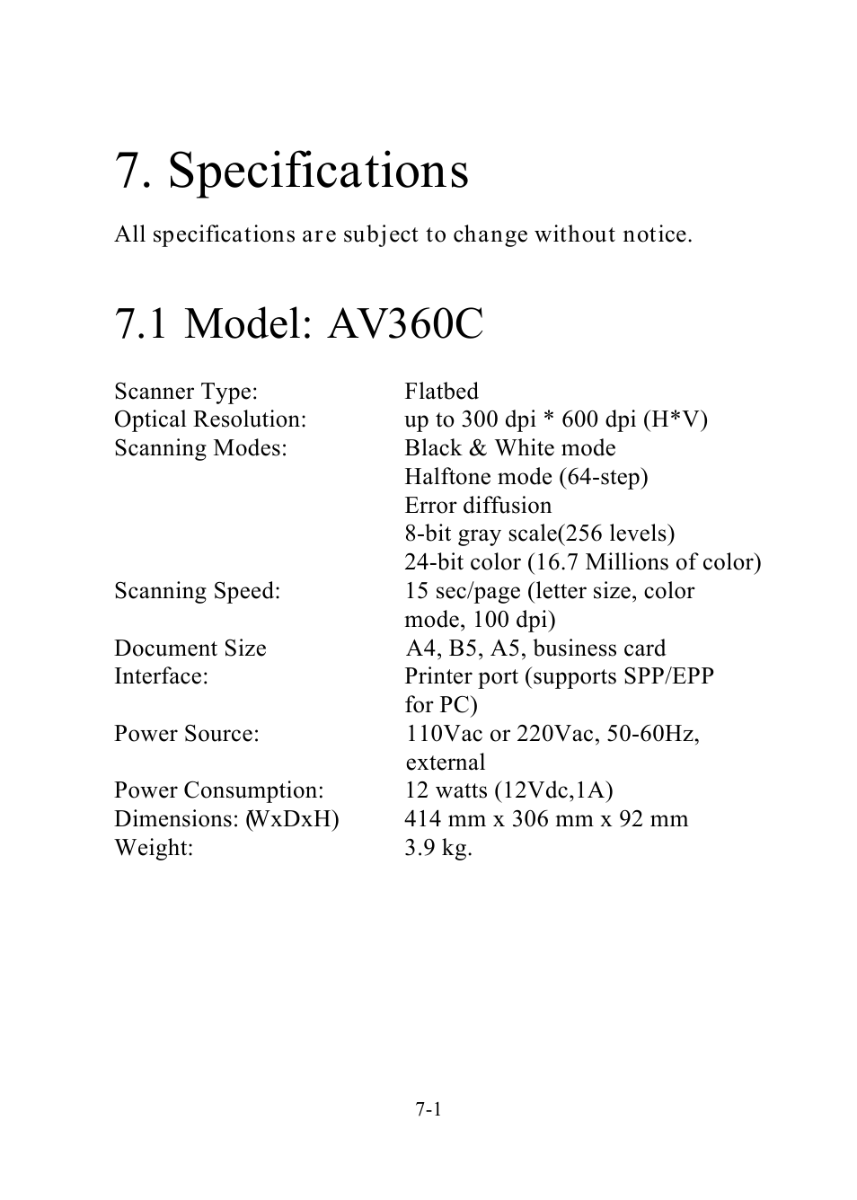 Specifications, 1 model: av360c | Avision AV360C User Manual | Page 30 / 31