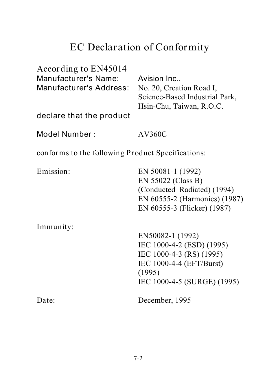Ec declaration of conformity | Avision AV360C User Manual | Page 31 / 31