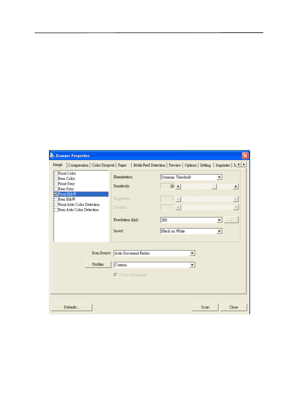 Using the scanner properties dialog box | Avision FB5000 (BT-1007B) User Manual | Page 23 / 99