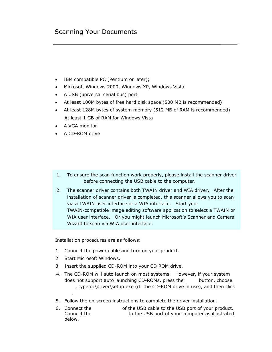 Scanning your documents, System requirements, Driver installation procedure | Avision @V2800 User Manual | Page 104 / 170