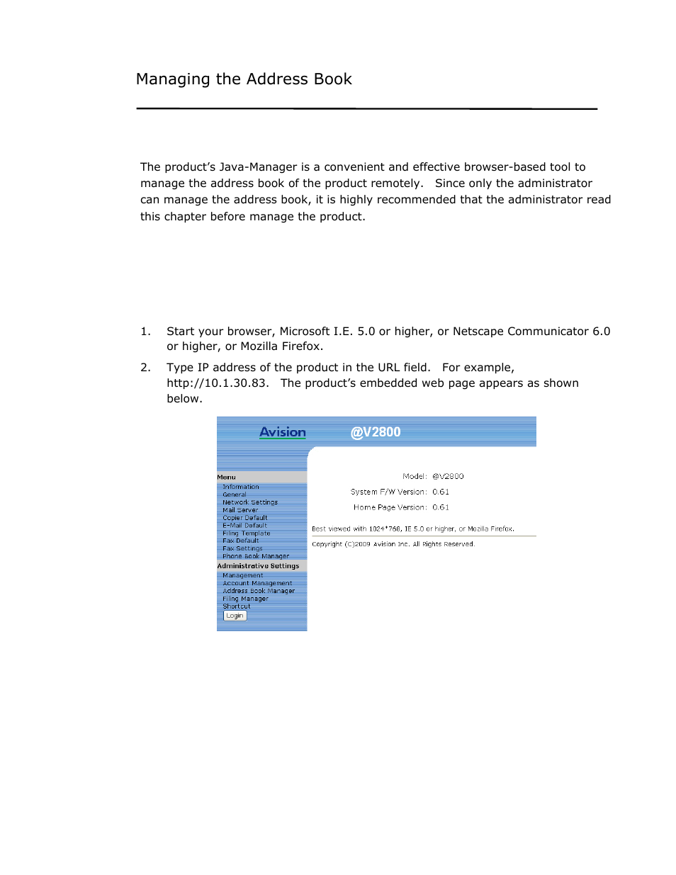 Managing the address book, Adding an e-mail address | Avision @V2800 User Manual | Page 144 / 170