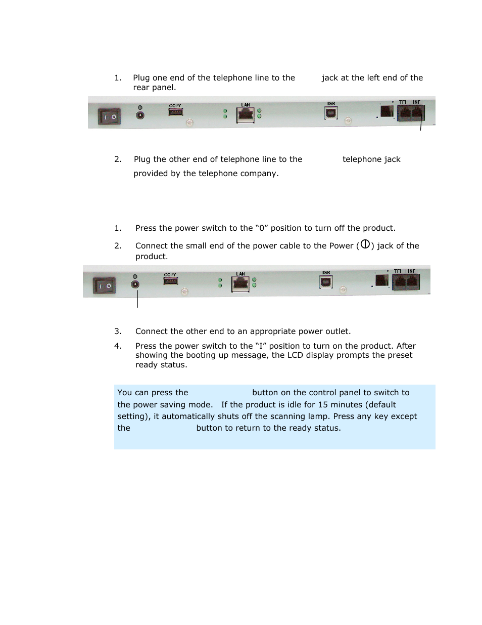 Connecting the telephone line, Connecting the power and turning on the machine | Avision @V2800 User Manual | Page 22 / 170