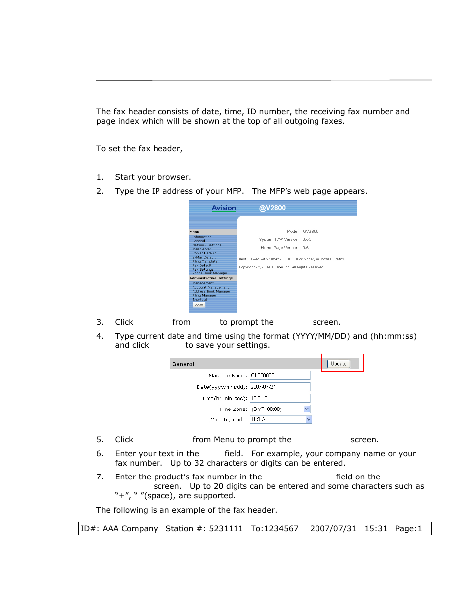 Setting your fax header | Avision @V2800 User Manual | Page 68 / 170