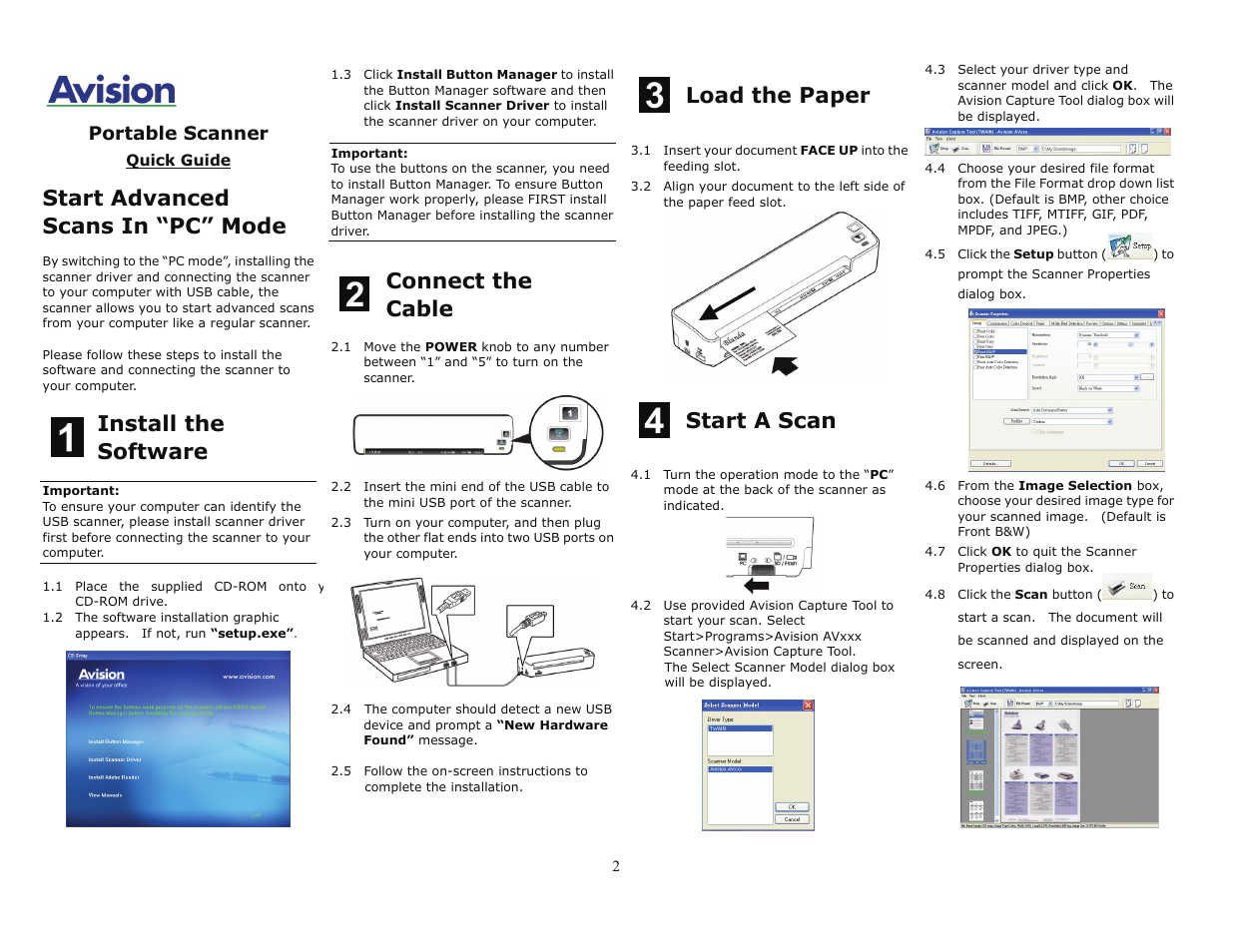 Start advanced scans in “pc” mode, Install the software, Connect the cable | Load the paper, Start a scan | Avision IS25 quick guide User Manual | Page 2 / 2