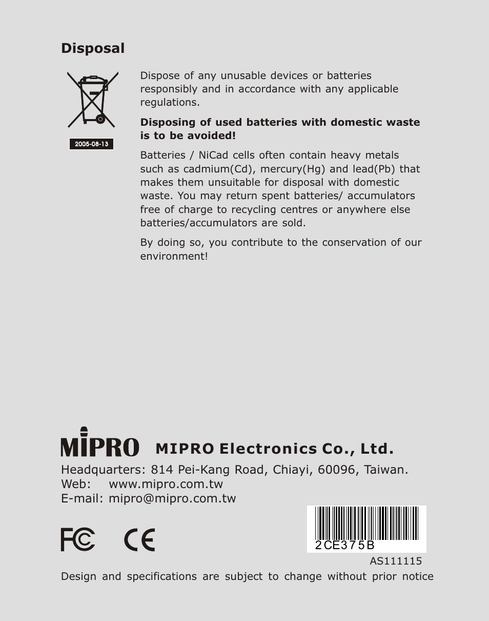 頁面 2, Mipro electronics co., ltd, Disposal | Avlex MU-53HNX Headworn Microphone User Manual | Page 2 / 10