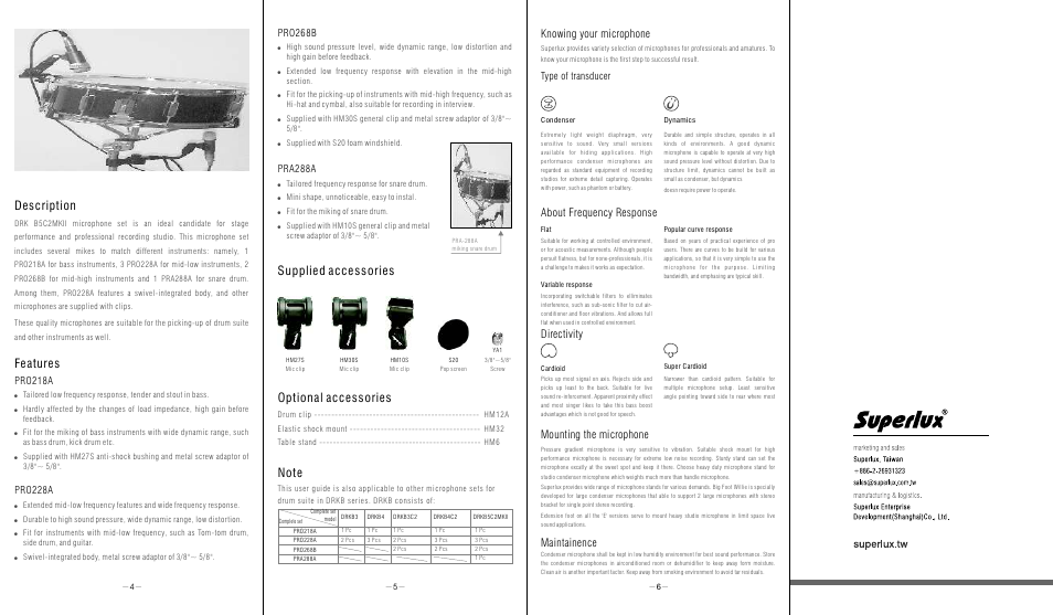 Features description, Maintainence, Mounting the microphone | Directivity, About frequency response, Knowing your microphone, Type of transducer, Pro218a, Pro228a | Avlex DRK-B5C2MKII Drum Microphone Kit User Manual | Page 2 / 2