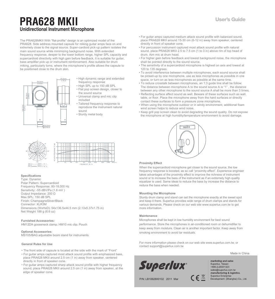 Avlex PRA-628MKII Instrument Dynamic Microphone User Manual | 1 page