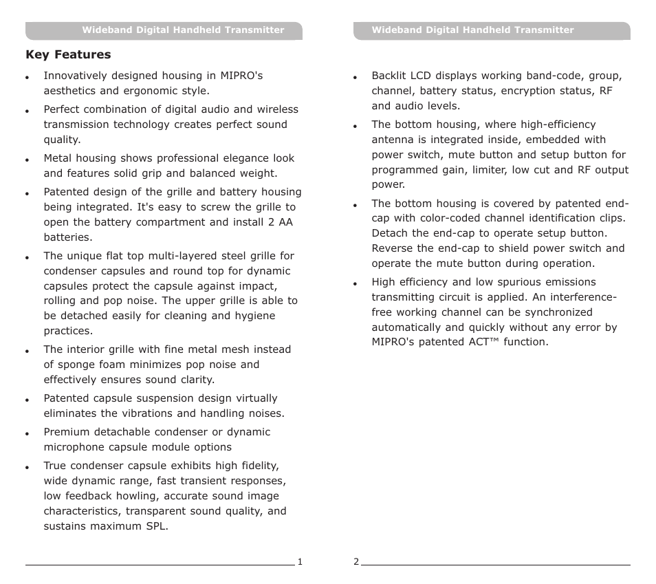 頁面 3 | Avlex ACT-80H Wideband Digital Handheld Transmitter User Manual | Page 3 / 15