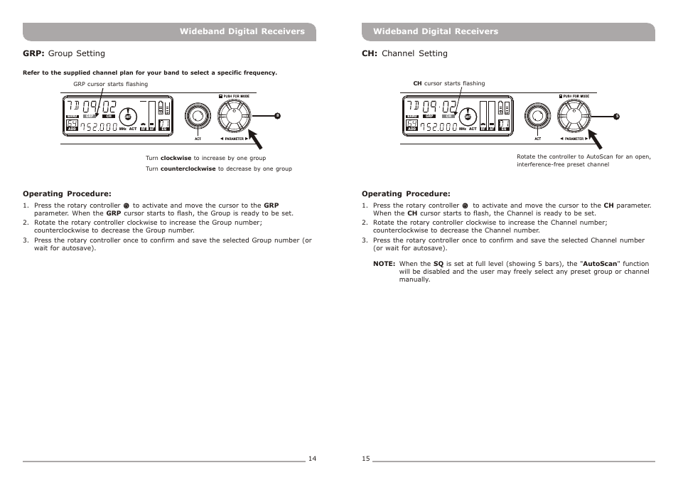 頁面 10, Grp: group setting, Ch: channel setting | Wideband digital receivers | Avlex ACT-818 Wideband Single-Channel Digital Receiver User Manual | Page 10 / 17