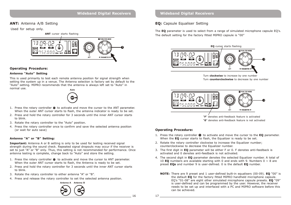 頁面 11, Ant: antenna a/b setting, Eq: capsule equaliser setting | Wideband digital receivers | Avlex ACT-818 Wideband Single-Channel Digital Receiver User Manual | Page 11 / 17
