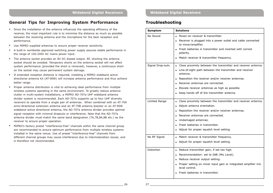 頁面 16, General tips for improving system performance, Troubleshooting | Avlex ACT-818 Wideband Single-Channel Digital Receiver User Manual | Page 16 / 17