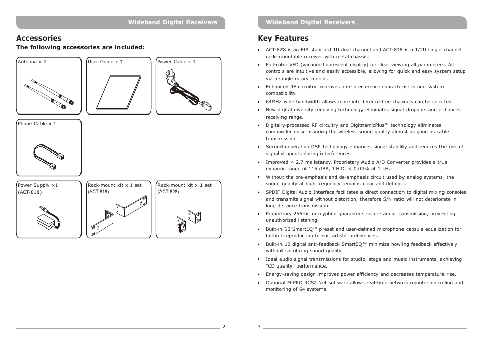 頁面 4, Key features, Accessories | Avlex ACT-818 Wideband Single-Channel Digital Receiver User Manual | Page 4 / 17