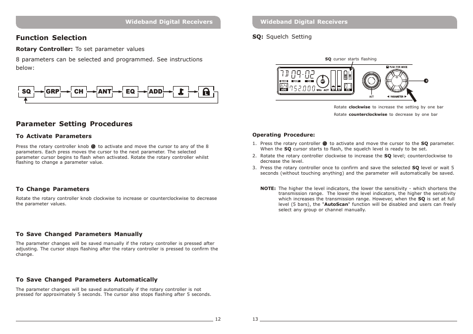 頁面 9, Function selection, Parameter setting procedures | Avlex ACT-818 Wideband Single-Channel Digital Receiver User Manual | Page 9 / 17