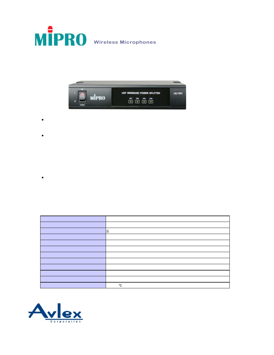 Avlex AD-90S 4-Channel Wideband Power Splitter User Manual | 1 page