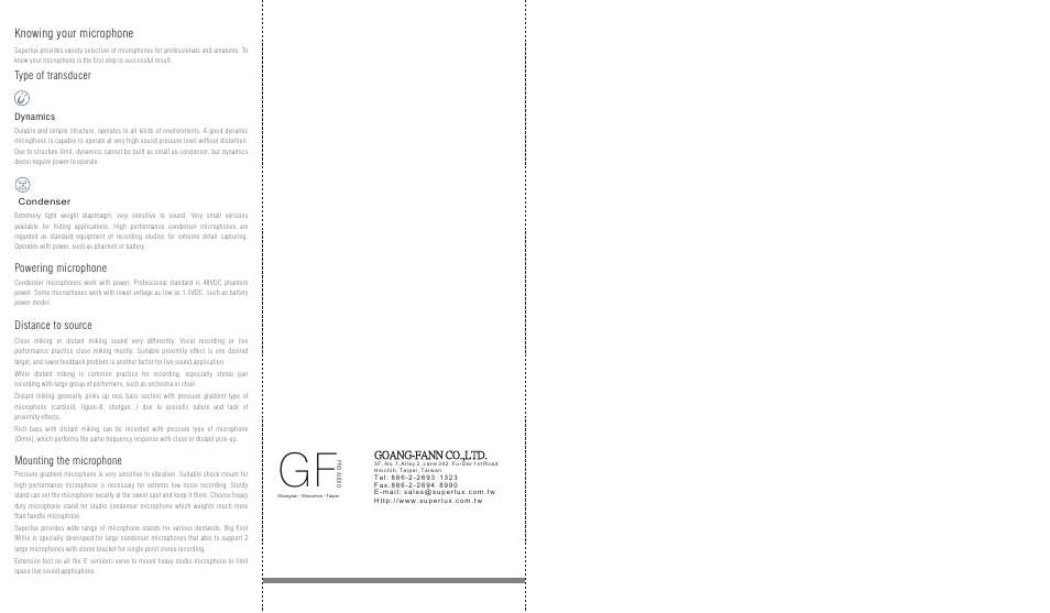 Knowing your microphone, Powering microphone distance to source, Mounting the microphone | Type of transducer, Goang-fann co.,ltd | Superlux PS2A User Manual | Page 2 / 2