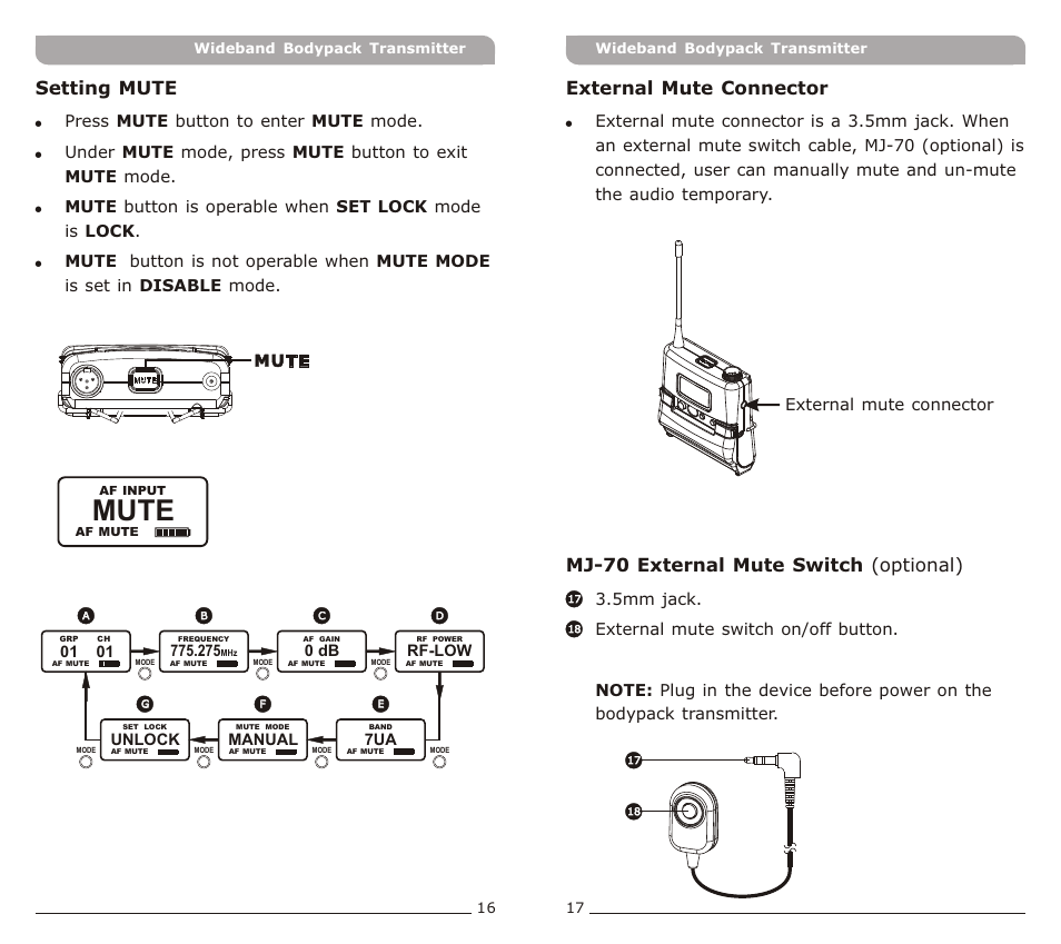 頁面 10, Mute, Setting mute | Avlex ACT-71Ta Miniature Ultra-Wideband User Manual | Page 10 / 13
