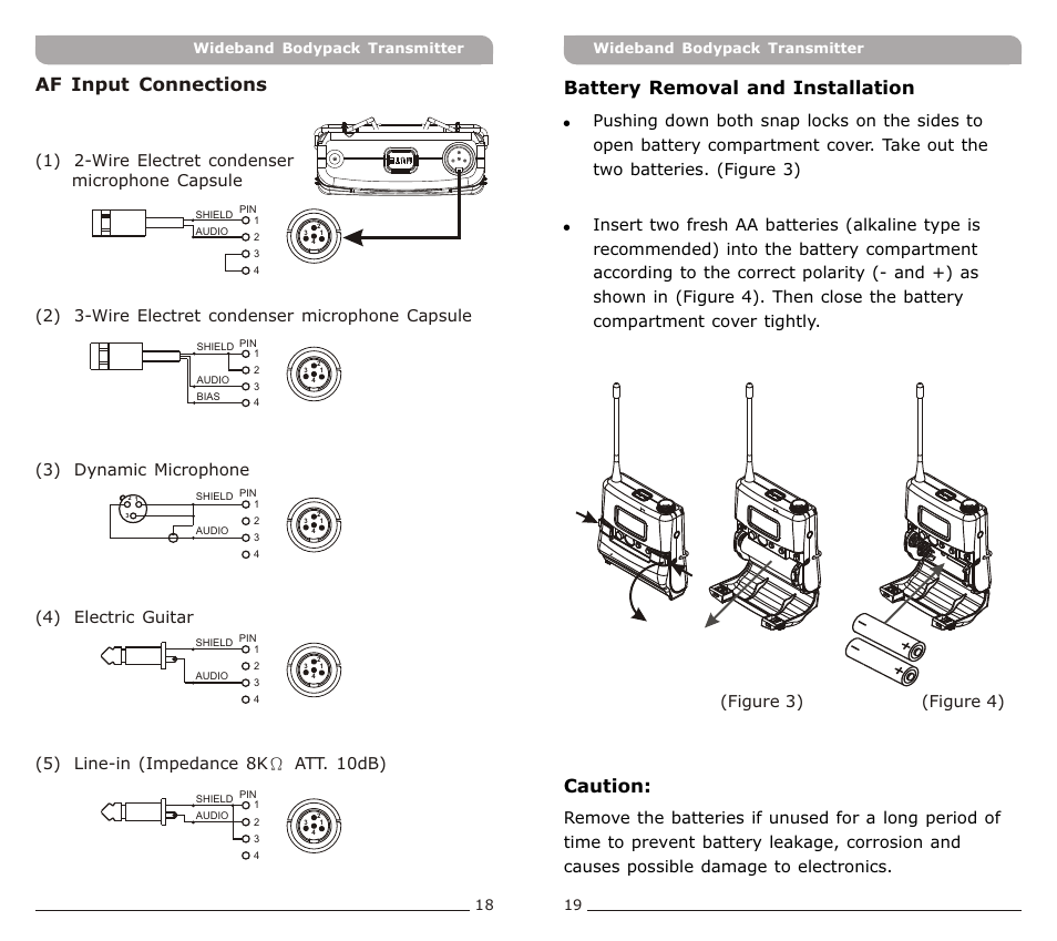 頁面 11, Battery removal and installation, Caution | Af input connections | Avlex ACT-71Ta Miniature Ultra-Wideband User Manual | Page 11 / 13