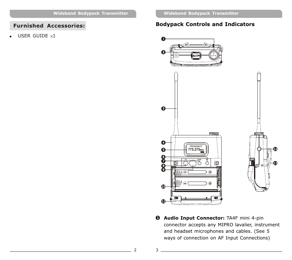 頁面 3, Bodypack controls and indicators, Furnished accessories | User guide ×1 | Avlex ACT-71Ta Miniature Ultra-Wideband User Manual | Page 3 / 13