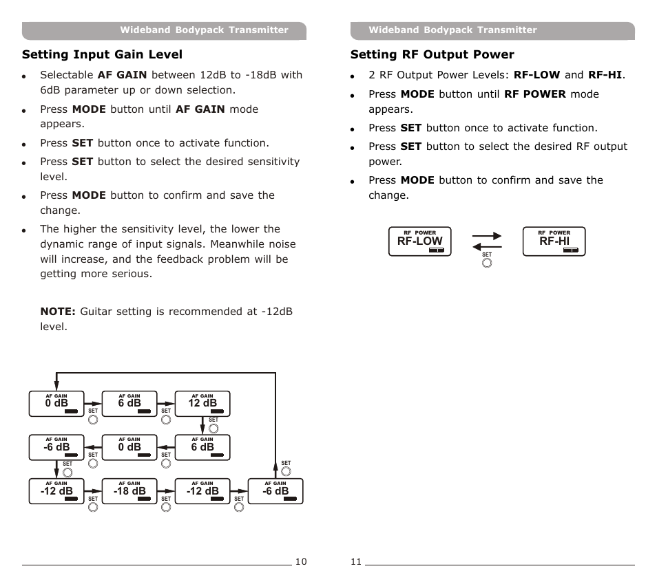 頁面 7, Setting rf output power, Setting input gain level | Rf-hi, Rf-low | Avlex ACT-71Ta Miniature Ultra-Wideband User Manual | Page 7 / 13