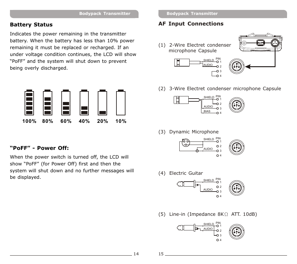 頁面 10, Af input connections, Poff” - power off | Battery status | Avlex ACT-30T Bodypack Transmitter User Manual | Page 10 / 11
