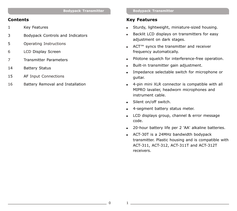 頁面 3 | Avlex ACT-30T Bodypack Transmitter User Manual | Page 3 / 11