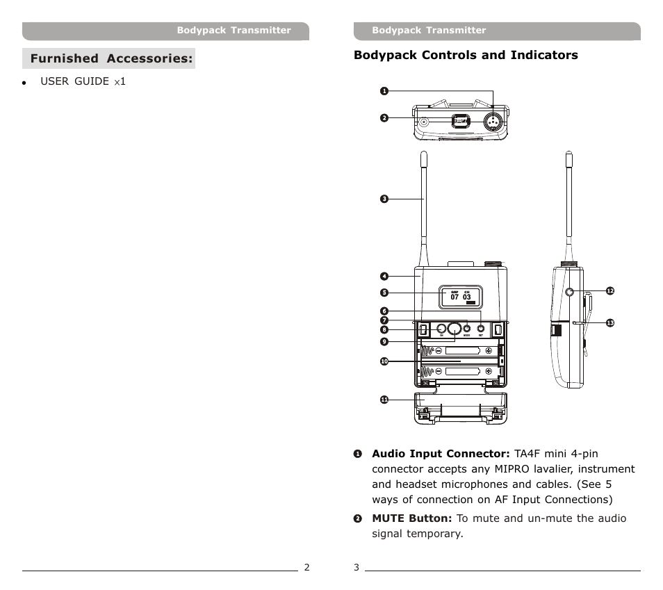 頁面 4, Bodypack controls and indicators, Furnished accessories | User guide ×1, 23 bodypack transmitter bodypack transmitter | Avlex ACT-30T Bodypack Transmitter User Manual | Page 4 / 11