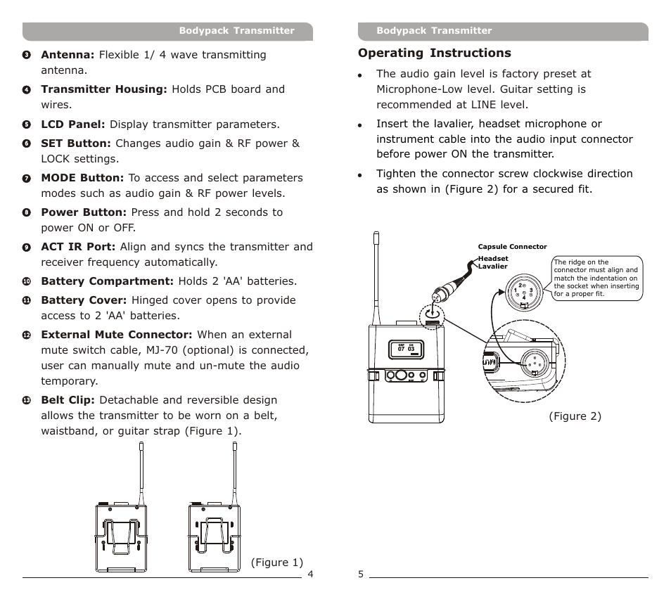 頁面 5, Operating instructions | Avlex ACT-30T Bodypack Transmitter User Manual | Page 5 / 11