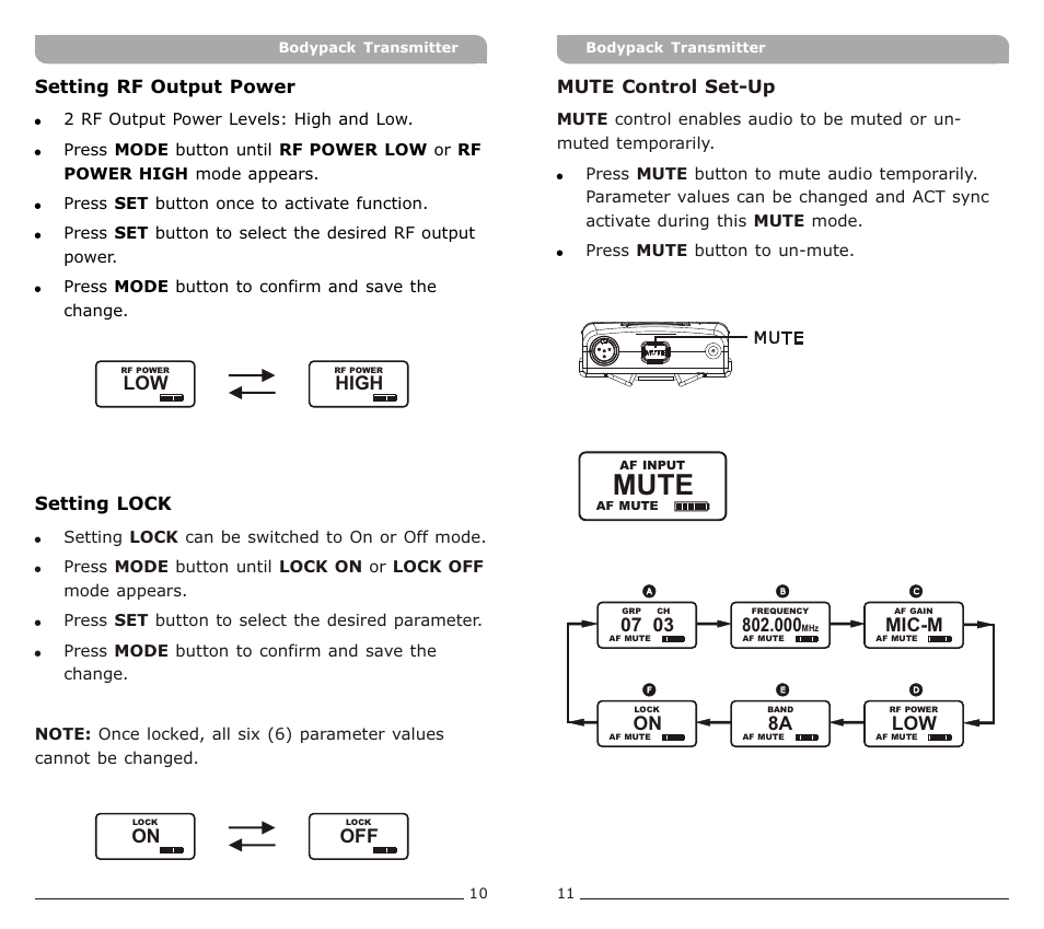頁面 8, Mute, High | Mic-m, Setting rf output power, Setting lock, Mute control set-up | Avlex ACT-30T Bodypack Transmitter User Manual | Page 8 / 11