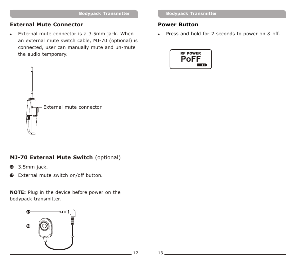 頁面 9, Poff | Avlex ACT-30T Bodypack Transmitter User Manual | Page 9 / 11