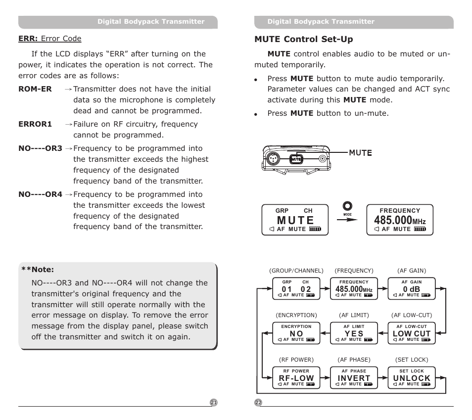 頁面 13, M u t e, Mute control set-up | Avlex ACT-80T Wideband Digital Bodypack Transmitter User Manual | Page 13 / 17