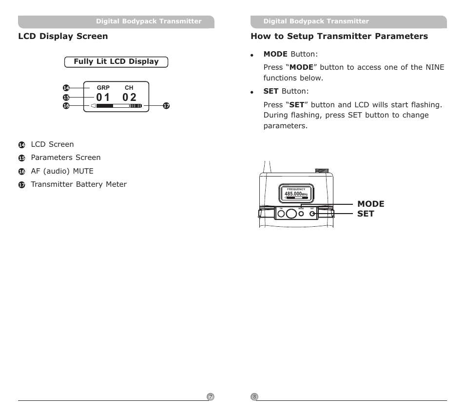 頁面 6, Lcd display screen, Mode set | How to setup transmitter parameters | Avlex ACT-80T Wideband Digital Bodypack Transmitter User Manual | Page 6 / 17
