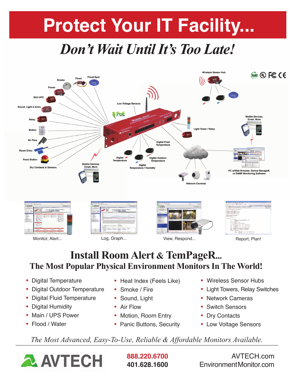 Protect your it facility, Don’t wait until it’s too late, Install room alert | Tempager | AVTECH Room Alert 3E Monitor (RA3E-ES0-BAS) User Manual | Page 2 / 48