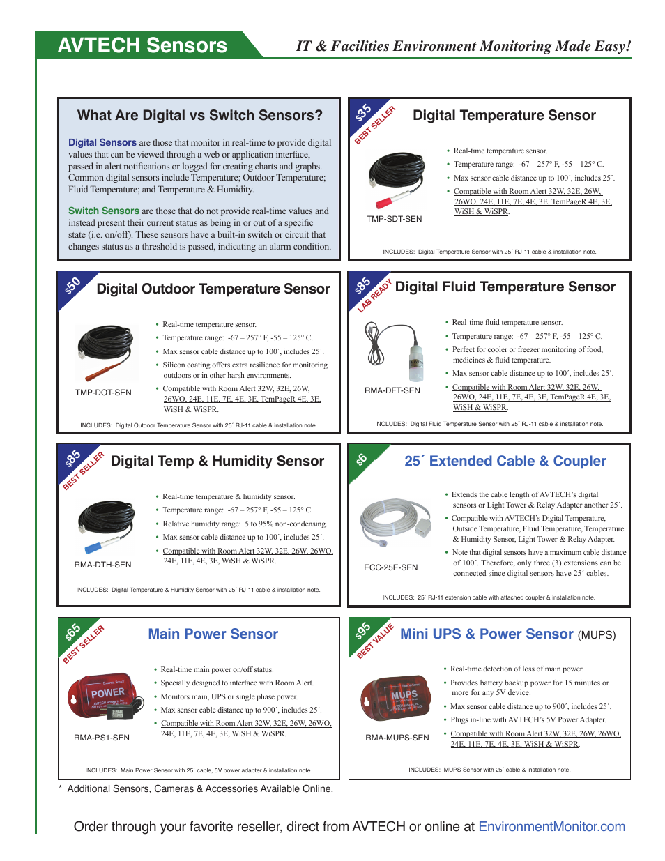 Avtech sensors, It & facilities environment monitoring made easy, Main power sensor | Digital temp & humidity sensor, Digital fluid temperature sensor, Digital outdoor temperature sensor, Digital temperature sensor, What are digital vs switch sensors, Mini ups & power sensor, 25´ extended cable & coupler | AVTECH Room Alert 3E Monitor (RA3E-ES0-BAS) User Manual | Page 42 / 48