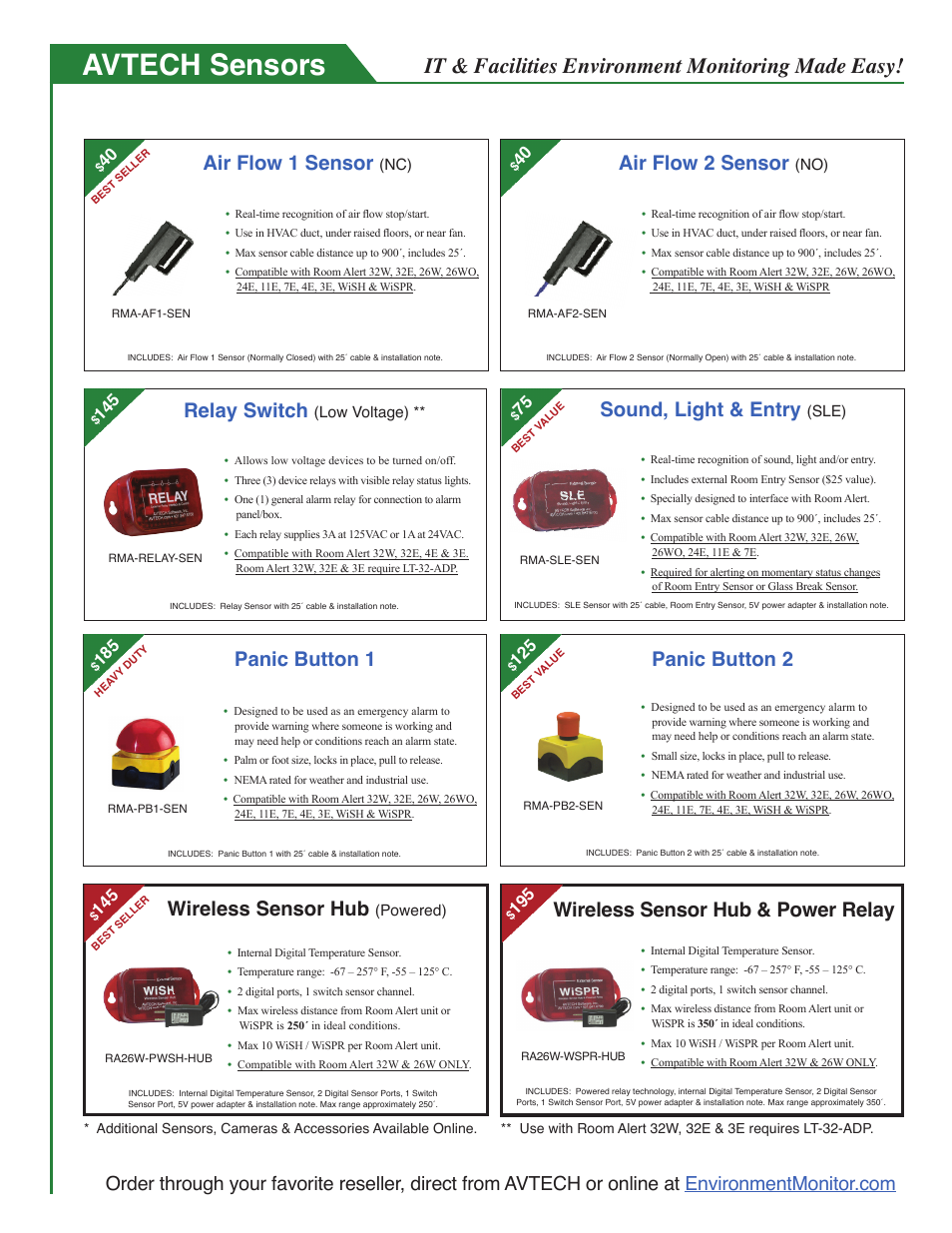 Avtech sensors, It & facilities environment monitoring made easy, Sound, light & entry | Panic button 2, Panic button 1, Wireless sensor hub & power relay, Wireless sensor hub, Air flow 2 sensor, Air flow 1 sensor, Relay switch | AVTECH Room Alert 3E Monitor (RA3E-ES0-BAS) User Manual | Page 44 / 48