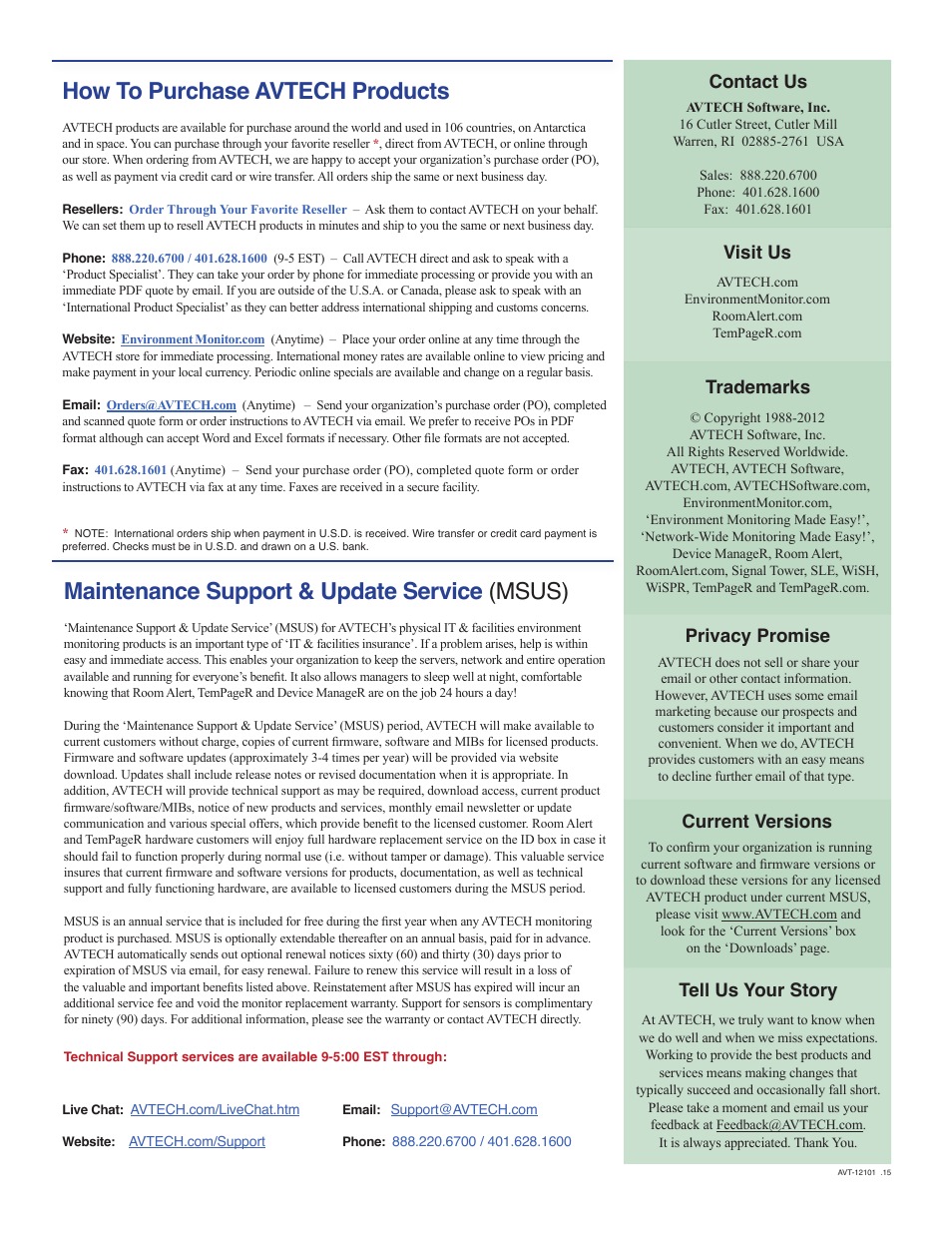 How to purchase avtech products, Maintenance support & update service (msus), Contact us | Visit us, Privacy promise trademarks current versions, Tell us your story | AVTECH Room Alert 3E Monitor (RA3E-ES0-BAS) User Manual | Page 47 / 48