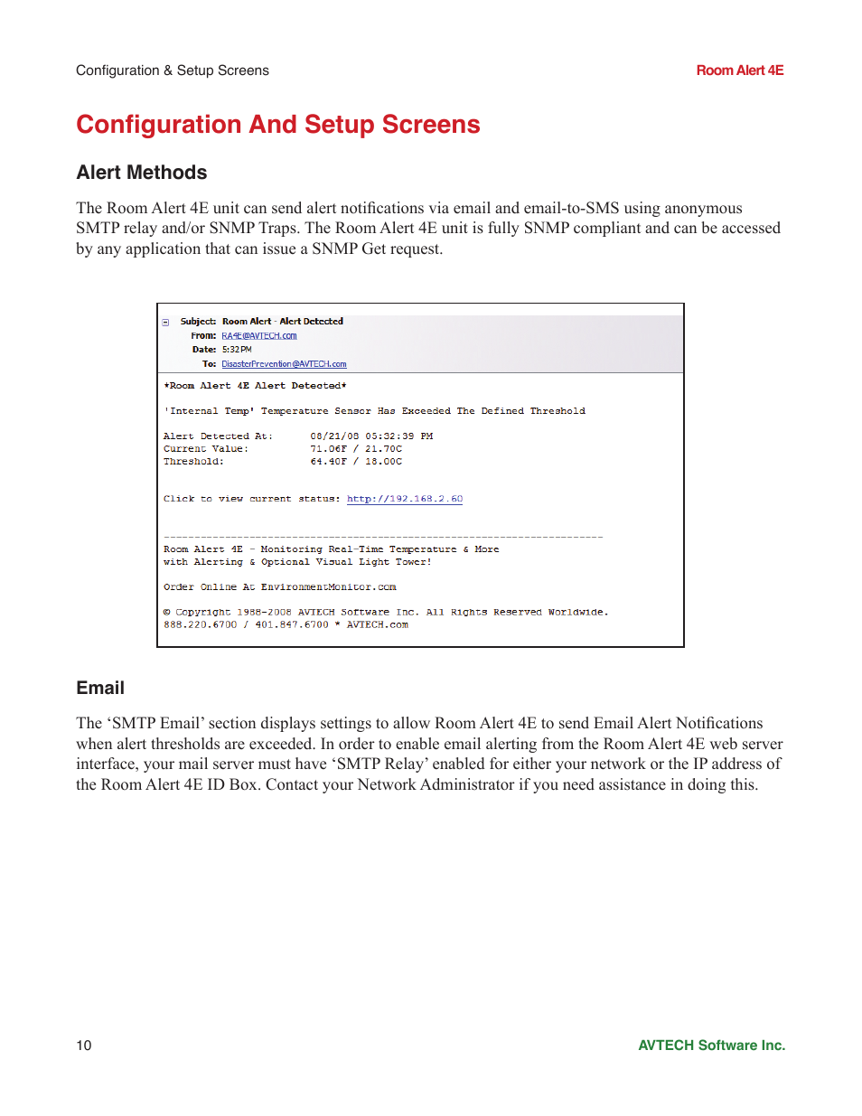 Configuration and setup screens, Alert methods, Email | AVTECH Room Alert 4ER Monitor (RA4E-ES1-RAS) User Manual | Page 14 / 32